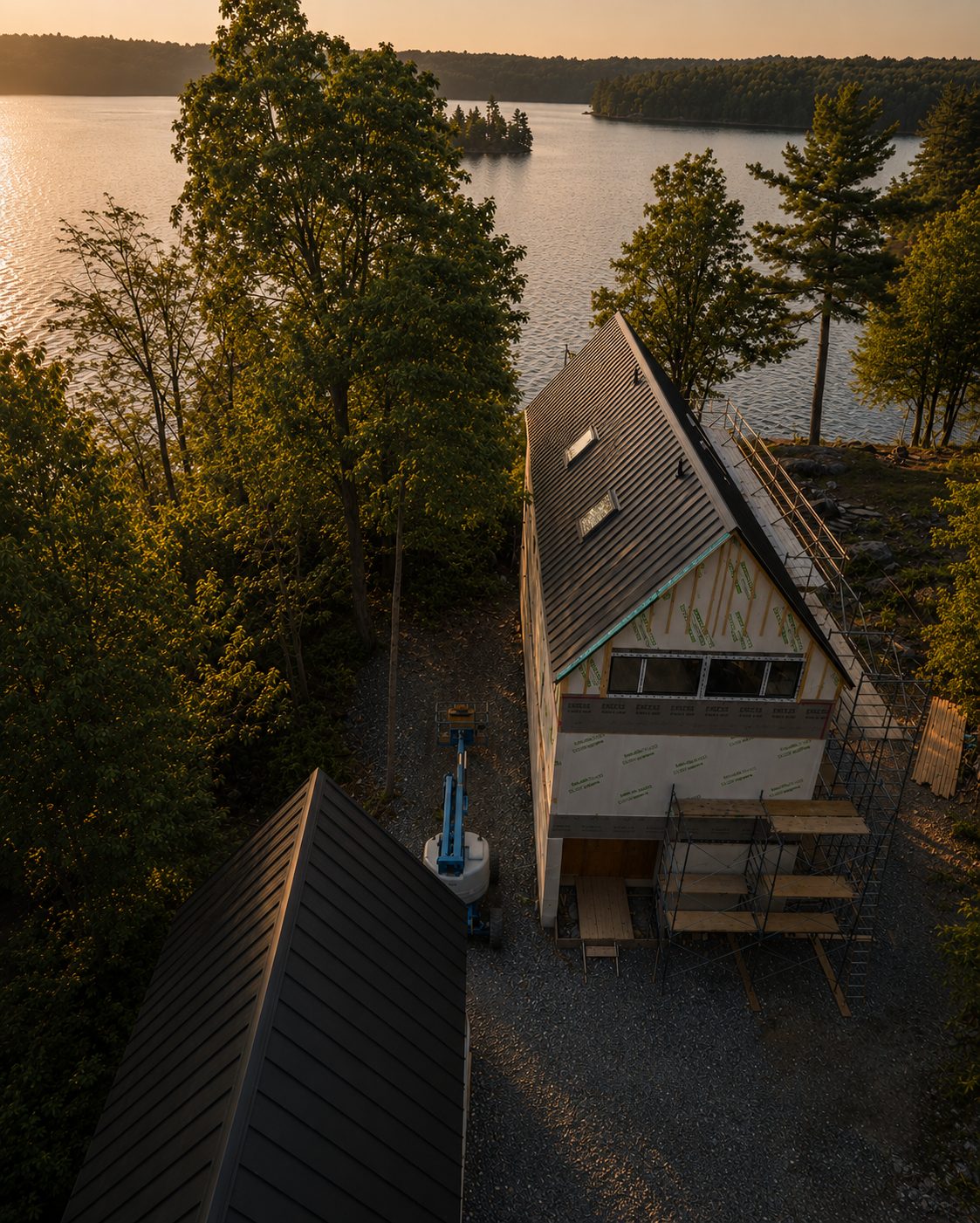 Aerial of the A-frame in cladding stage at sunset beside the lake