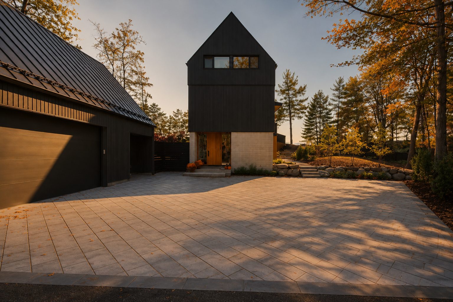 Street side of the home with garage and stone-paved courtyard in autumn