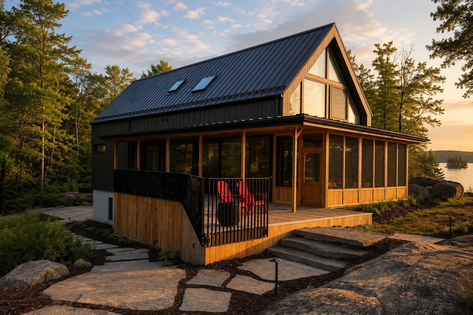 Finished dark A-frame with screened porch and timber posts at golden hour beside the lake