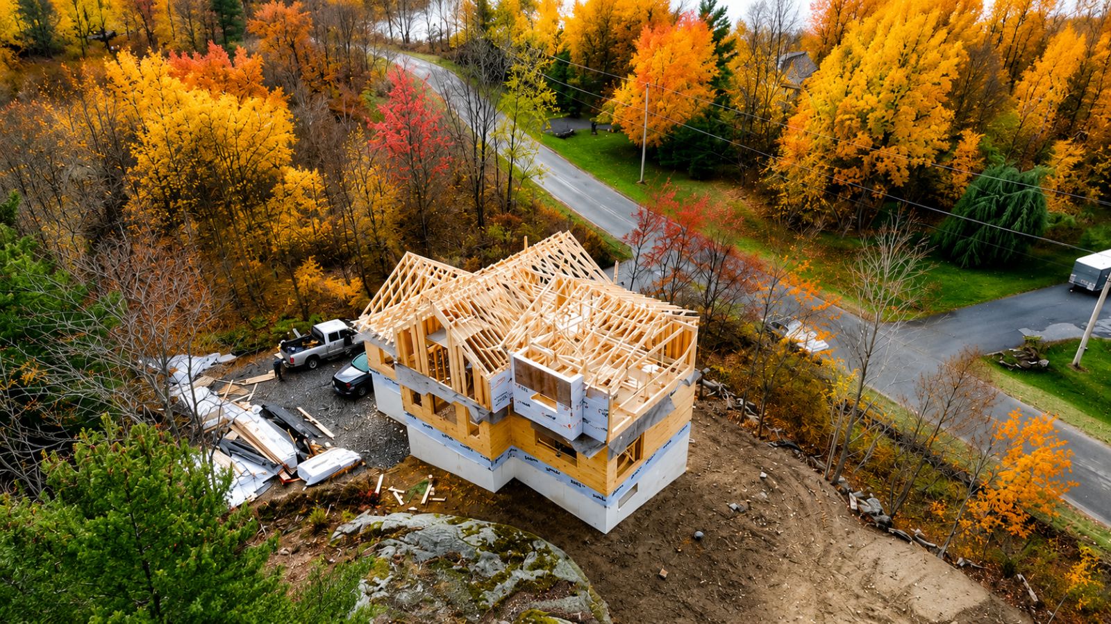 Aerial of a home being framed in autumn