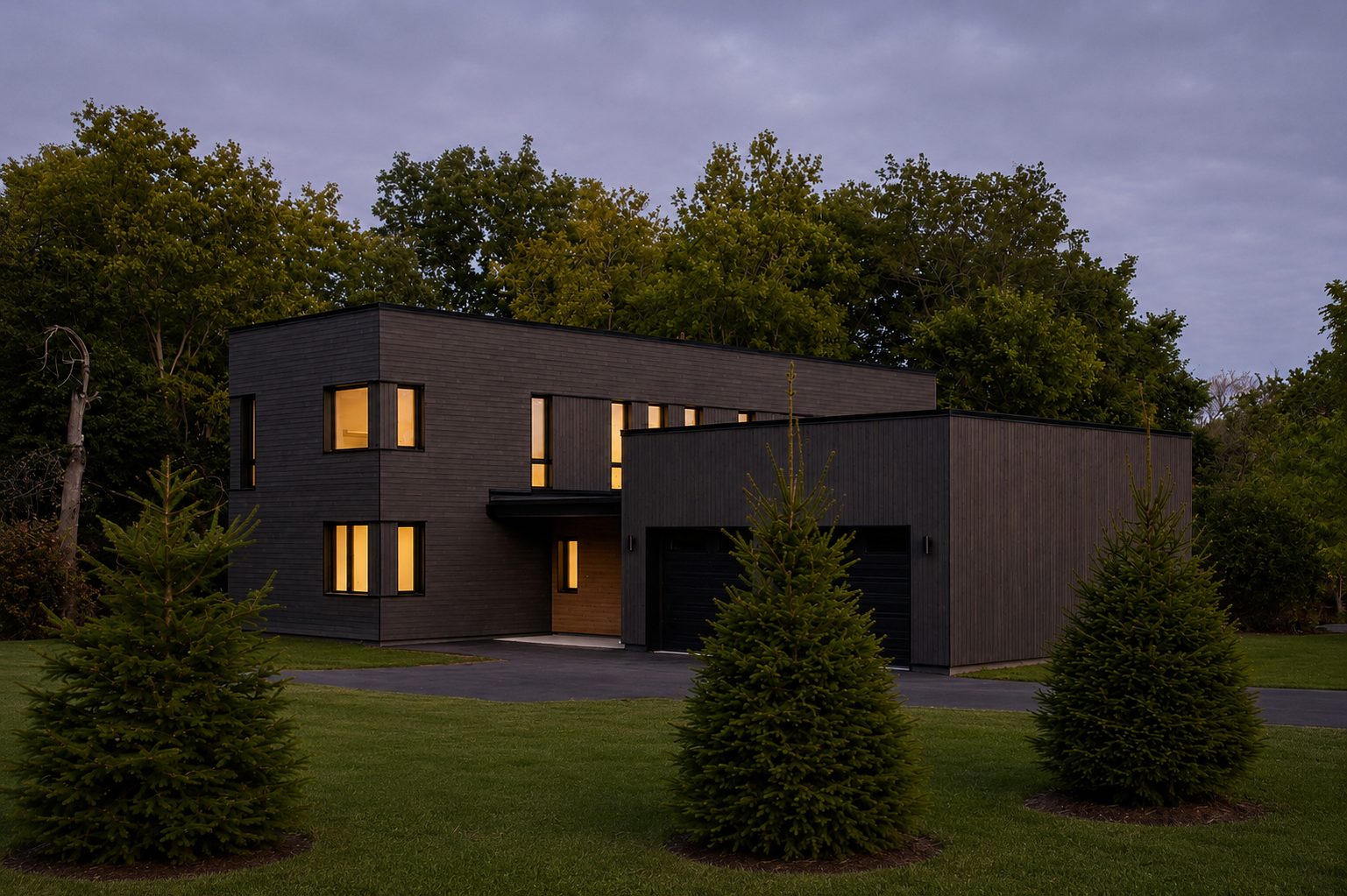 Finished charred-cedar home lit from within at dusk