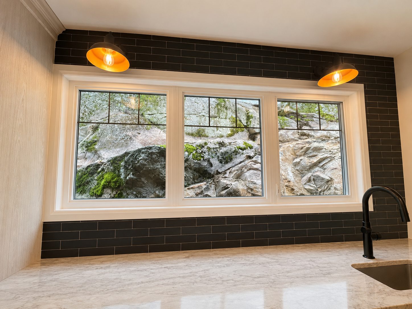 Kitchen window framing the natural rock cut