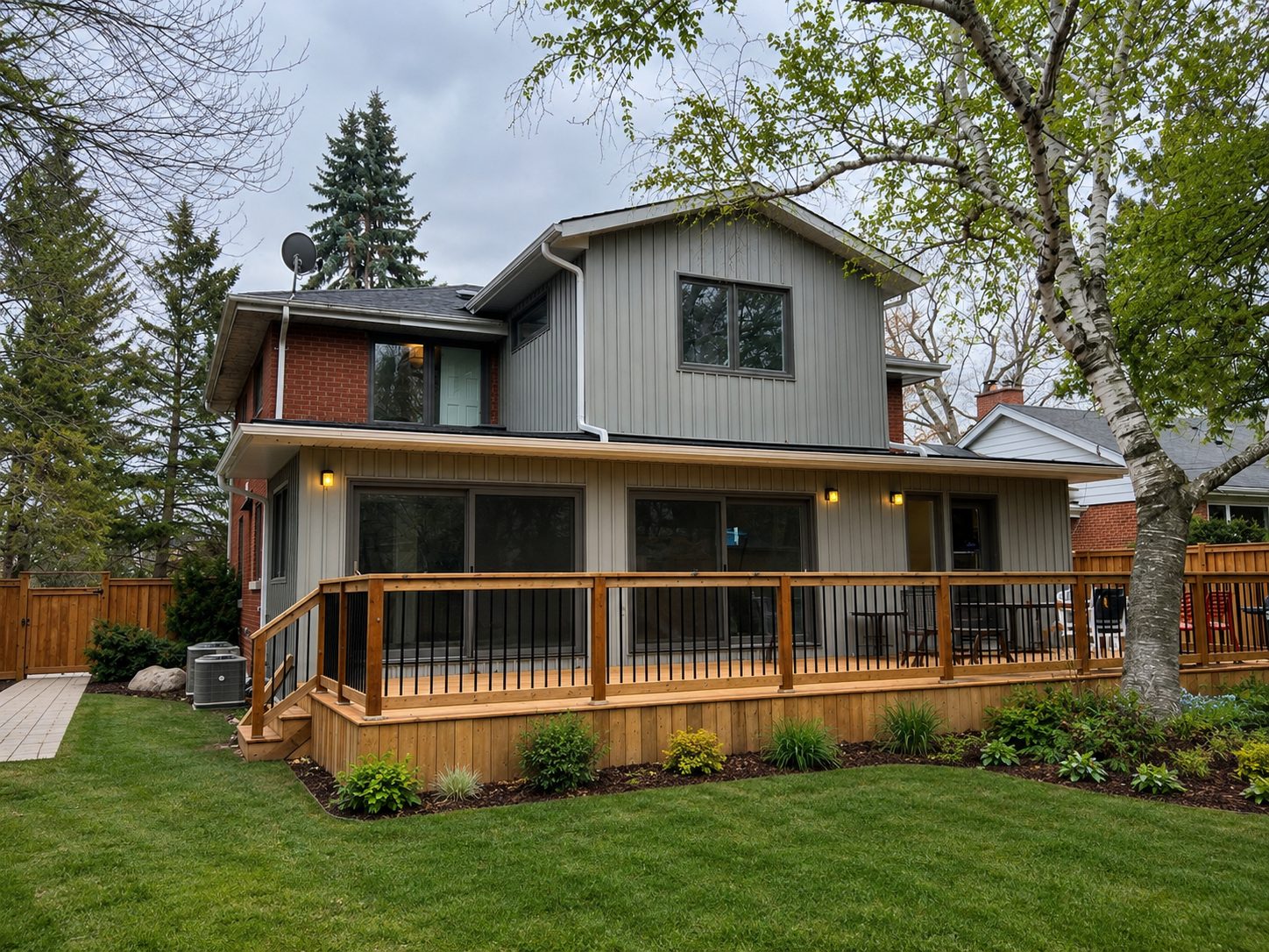 A finished two-storey rear addition in board-and-batten with a full-width cedar deck