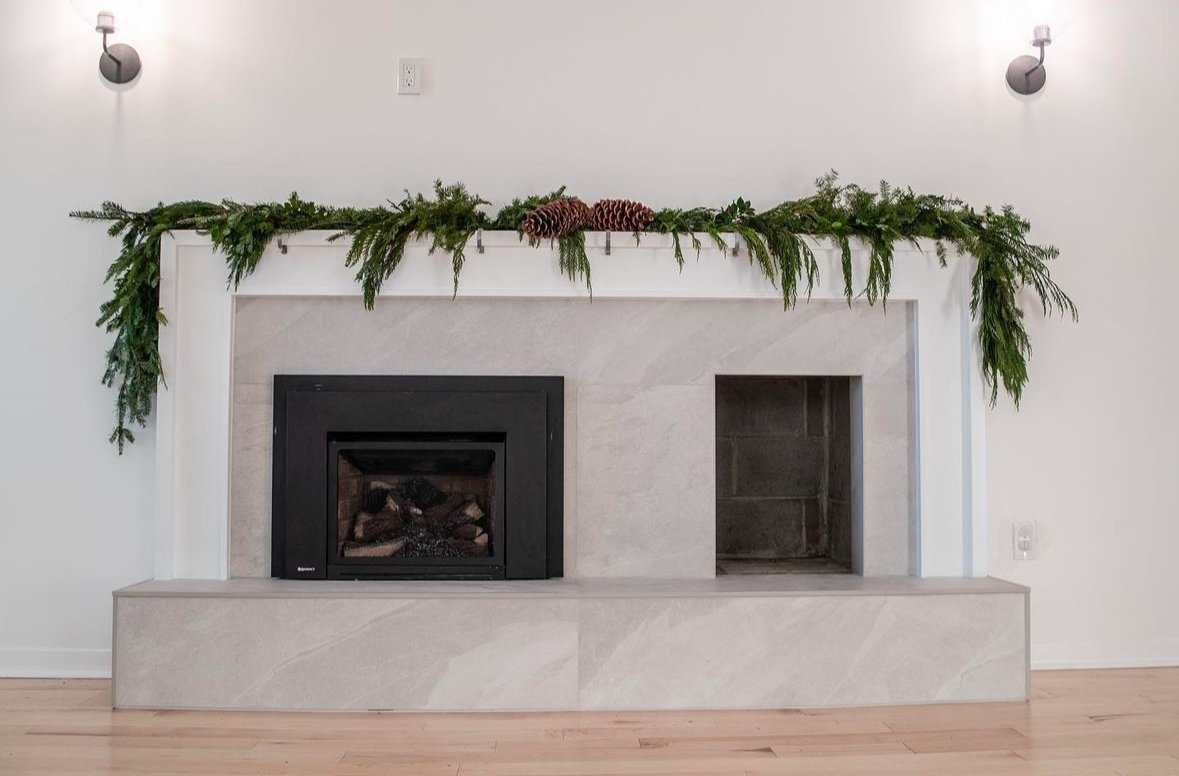 Honed marble fireplace surround