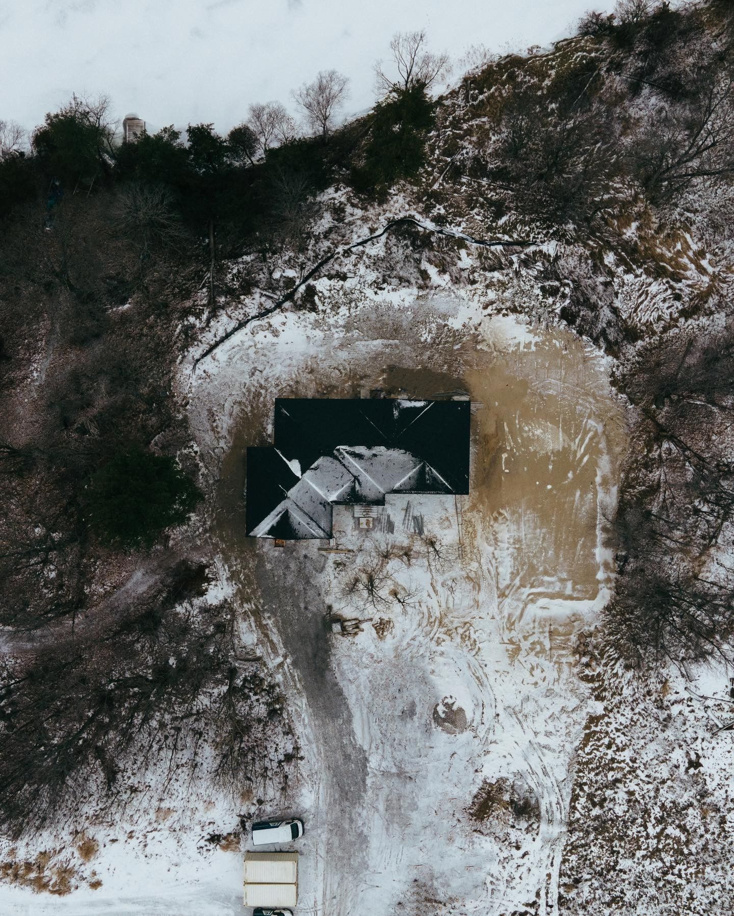 Aerial of the roofed structure in winter