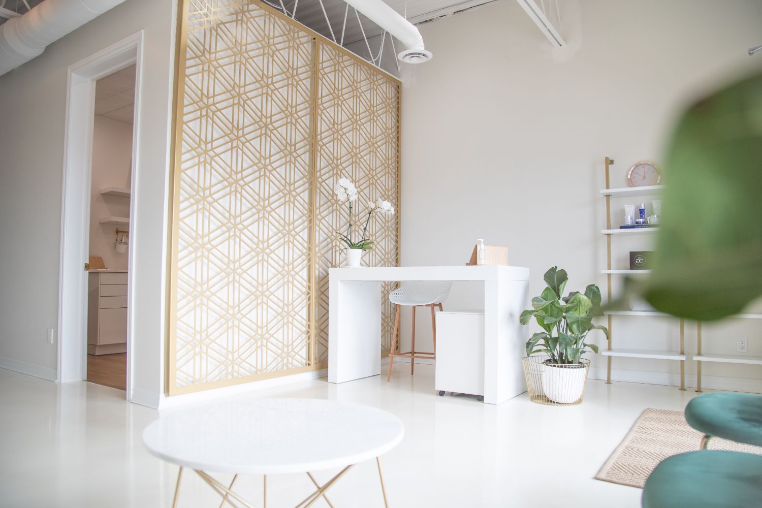 Office suite with decorative screen and lounge seating