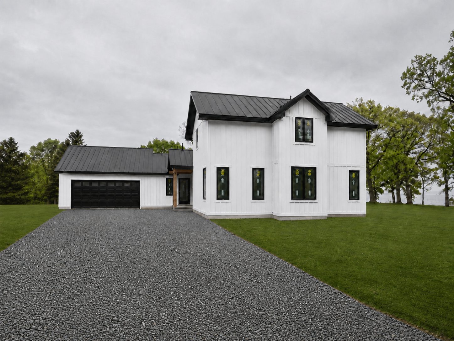Finished white board-and-batten farmhouse with black steel roof, from the drive